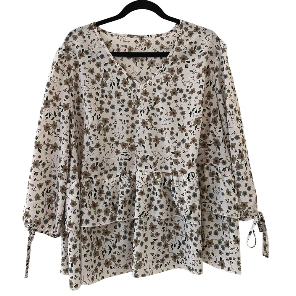 Shein Curve Womens 2XL Floral Top V Neck Tie Sleeve Tiered‎ Cottage Boho Flowy